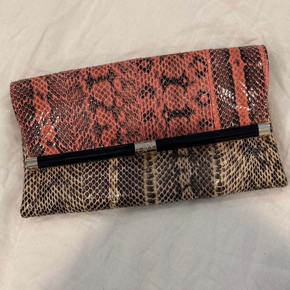 Diane Von Furstenberg Two-Tone Snake-Print Foldover Clutch in Coral and Taupe